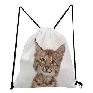 Witte trekkoord rugzak met schattige lynx kat print casual lichte canvas schoudertasje