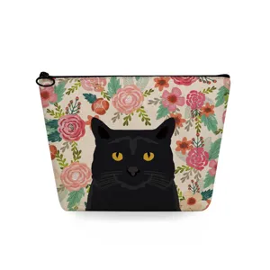 Floral black cat makeup bag detail, vintage floral print cosmetic storage pouch with zipper.