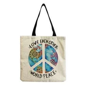 Canvas tote bag featuring a creative world map mandala peace sign print and shoulder straps.