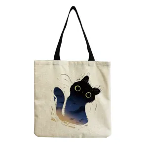 Canvas tote bag detail view, cute starry black cat graphic print, casual shopping bag fabric.