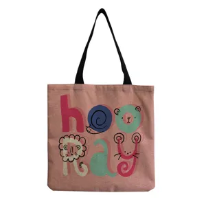 Detailed view of the cute cartoon letter print cotton linen tote bag, stylish and practical.