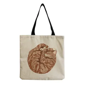 Cute cat print canvas tote bag, casual shoulder handbag for daily shopping and travel use.