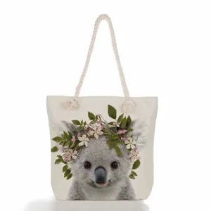 Τσάντα tote από καμβά με χαριτωμένο koala και λουλούδια, casual γυναικεία τσάντα.