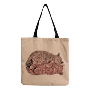 Casual canvas tote bag with cute sleeping cat print, vintage style shoulder shopping bag