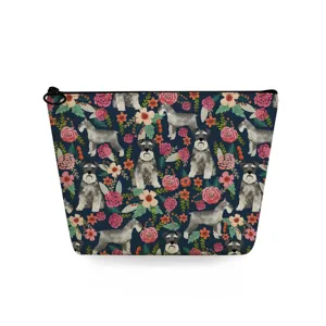 Floral schnauzer dog print cosmetic bag makeup pouch travel toiletry storage organizer.