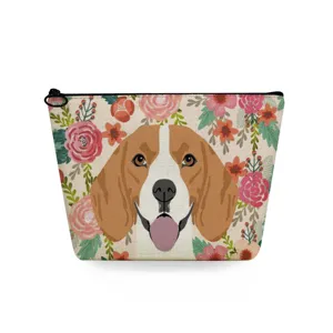 Cute beagle face and floral print makeup bag detail, portable canvas cosmetic pouch close-up.