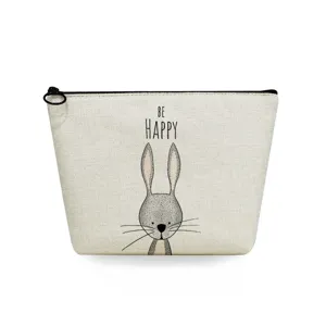 Süße Kaninchen bedruckte Canvas Kosmetiktasche, einfache weiße Kulturbeutel Detailansicht.