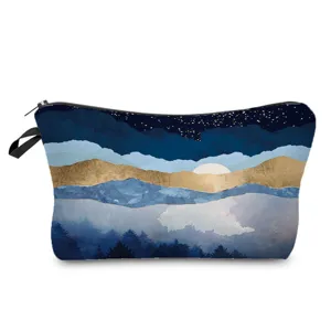 Trousse de toilette de voyage imprimé paysage bleu, sac de rangement cosmétique portable.