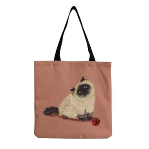 Detailed view of cute cat print canvas tote bag, casual shoulder bag for daily use.