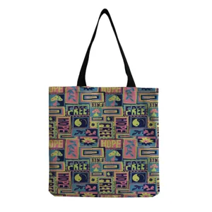 Retro cartoon printed canvas tote bag, stylish shoulder bag with colorful geometric patterns.