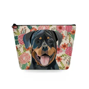 Close-up detail of the portable cosmetic bag featuring Rottweiler and floral pattern design.