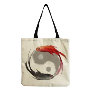 Women's Bohemian Linen Tote Bag Vintage Mandala Elephant Tai Chi Print Large Capacity Casual Shopping Shoulder Bag Eco-friendly Handbag