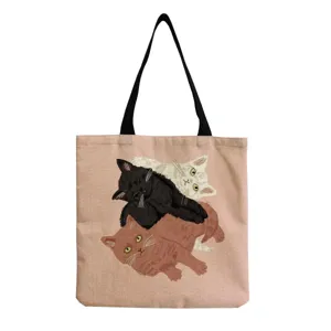 Cute cat print canvas tote bag, casual shoulder handbag, stylish daily shopping eco bag.