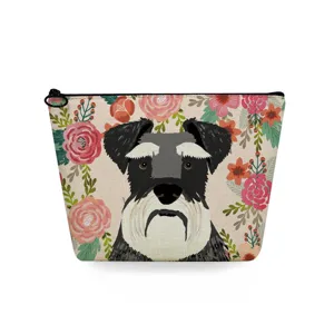 Floral Schnauzer print makeup bag, portable canvas cosmetic pouch and toiletry storage.