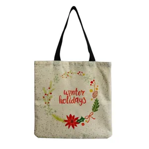 Reusable canvas tote bag with winter holiday wreath print, casual shoulder shopping bag.