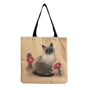 Cute cat print canvas tote bag, casual shoulder shopping handbag for women and daily use.