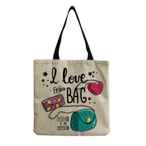 Reusable canvas tote bag with stylish fashion letter print and cartoon handbag illustrations.