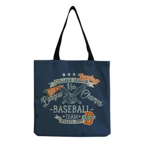 Vintage baseball theme canvas tote bag, dark blue casual shoulder handbag for daily shopping and travel.