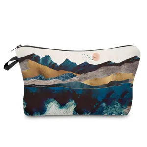 Trousse de maquillage portable avec impression de paysage abstrait, rangement élégant.