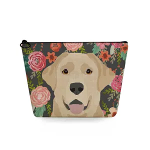 Cute Labrador dog and floral print makeup bag, portable zipper cosmetic pouch for women.