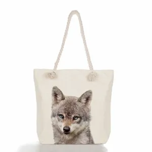 Τσάντα tote από καμβά με τύπωμα λύκου, casual γυναικεία τσάντα ώμου, τσάντα παραλίας.
