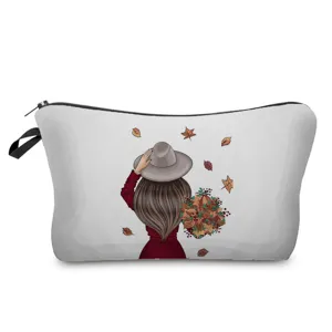 Tragbare weiße Kosmetiktasche mit Herbstlaub Grafik und praktischem Reißverschluss für Damen.
