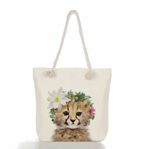 Τσάντα shopper από καμβά με χαριτωμένο λουλουδάτο animal print, casual ώμου.