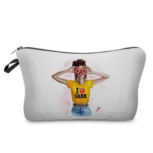 Detailansicht der tragbaren Kosmetiktasche mit stilvollem Mädchenmuster und Reißverschluss.
