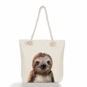 Τσάντα tote από καμβά με τύπωμα βραδύποδα, casual γυναικεία τσάντα ώμου, παραλίας.