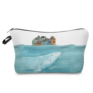 Watercolor Whale Girl Print Cosmetic Bag Portable Travel Toiletry Bag Waterproof Polyester Makeup Pouch Small Storage Bag For Women