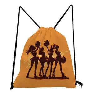 Oranger Turnbeutel mit Cheerleader Silhouetten Druck, leichter Sportbeutel fuer Damen.