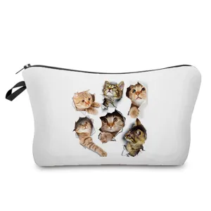 Weißer Kosmetikbeutel aus Segeltuch mit süßem 3D-Katzen-Druck, strapazierfähige Make-up-Tasche.