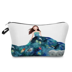 Whale girl print cosmetic bag detail view, portable travel wash bag and daily makeup storage pouch.