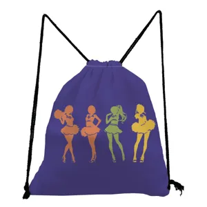 Lila Cheerleader Turnbeutel mit bunten Anime Idol Silhouetten für Sport und Freizeit.