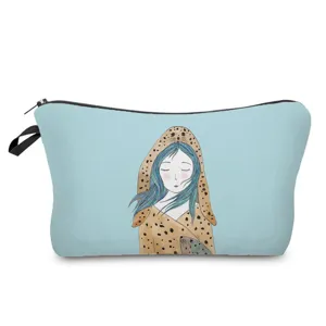 Cute seal girl print cosmetic bag, portable travel makeup pouch with zipper and side handle.