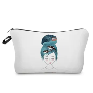Cute whale girl graphic makeup pouch with zipper closure, perfect for travel and daily use.