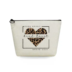 Canvas Makeup Bag Portable Travel Toiletry Pouch Leopard Heart Print Cute Cosmetic Bag for Women