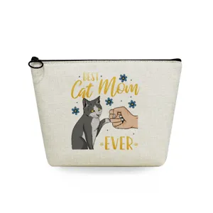 Close-up detail of canvas cosmetic makeup bag featuring cute cat mom fist bump print design.