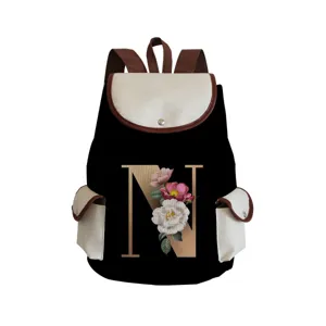 Letter printed canvas backpack casual daypack with floral design for daily travel and school use.