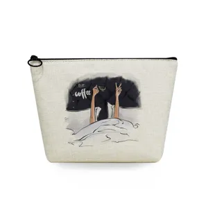 Portable canvas makeup pouch for women, stylish travel cosmetic bag with coffee illustration print.