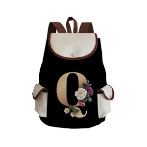 Canvas backpack featuring letter Q and floral print, stylish casual daypack for daily travel use.