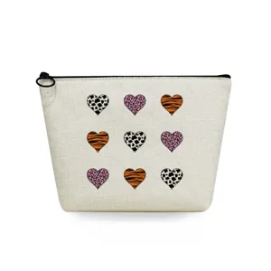 Canvas cosmetic bag featuring a 9-heart animal print grid, portable travel makeup organizer.