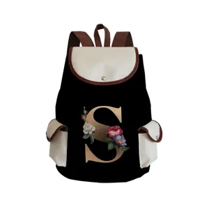 Canvas backpack with floral letter S design, stylish casual daypack for men and women daily use