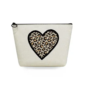 Portable canvas cosmetic makeup bag for women, stylish leopard heart print travel wash pouch.
