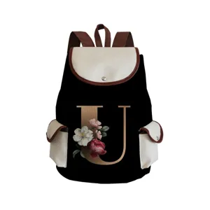 Canvas casual backpack with letter U and floral print, featuring contrast flaps for daily use.