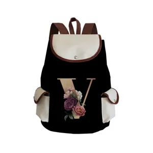Canvas backpack with floral letter V print, casual retro daypack for women and girls daily use.