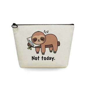 Cute sloth print canvas cosmetic bag detail, portable travel makeup pouch with zipper.