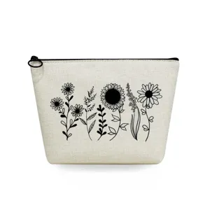 Floral print canvas cosmetic bag travel makeup pouch portable toiletry storage case.