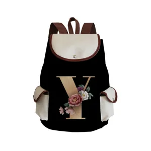 Canvas letter print backpack with floral design, fashion casual school bag for daily use.