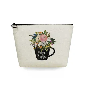 Portable travel makeup bag for women, stylish floral coffee cup printed cosmetic pouch wash bag.